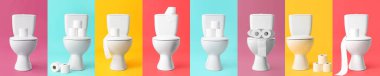 Collage with toilet bowls on colorful background