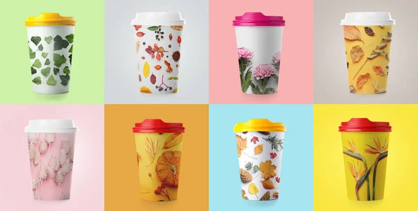Takeaway cups for drinks with different prints on colorful background