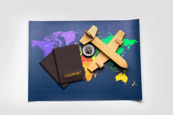World Map Passports Wooden Airplane Compass Isolated White Background — Stockfoto