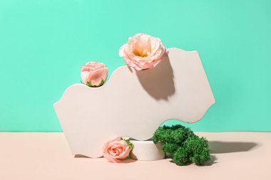 Composition with plaster podiums, flowers and moss on color background