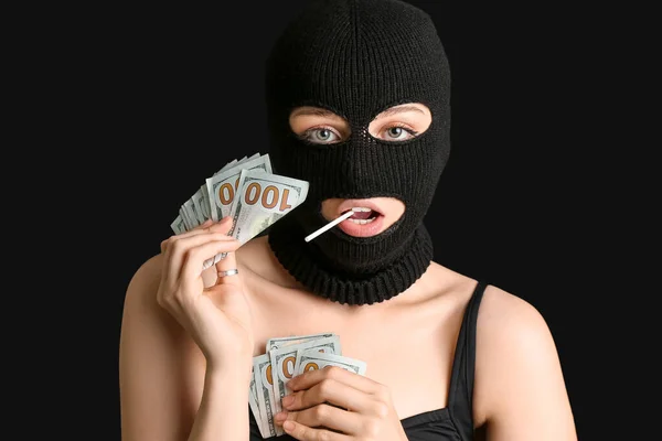 Young Woman Balaclava Lollipop Holding Money Black Background — Stock Photo, Image