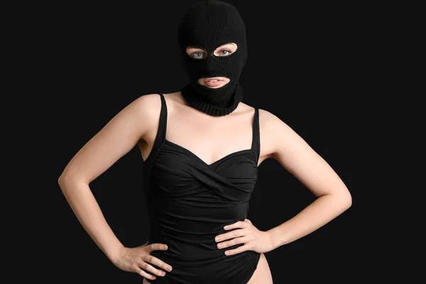 Young Woman Bodysuit Balaclava Black Background — Stock Photo, Image