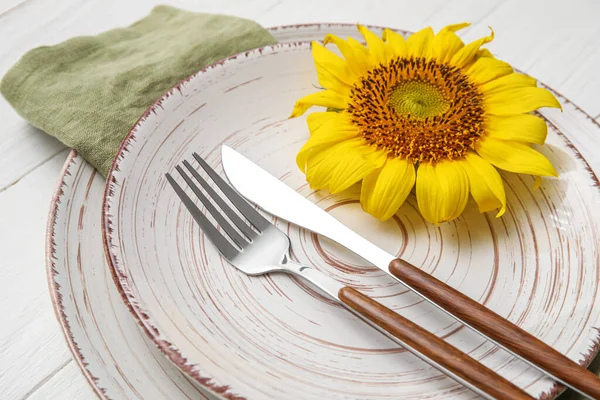 Stylish Dinnerware Cutlery Sunflower White Wooden Table Closeup — Stock Photo, Image