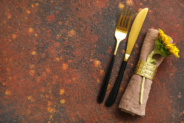 Stylish Cutlery Napkin Sunflower Color Background — Stock Photo, Image