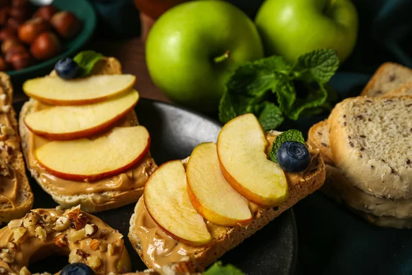 Plate Tasty Sandwiches Nut Butter Apples Closeup — Stock Photo, Image
