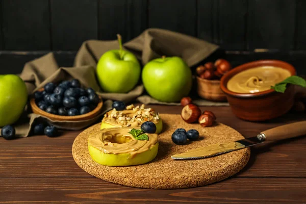 Cork Mat Tasty Apple Rounds Nut Butter Wooden Table — Stock Photo, Image