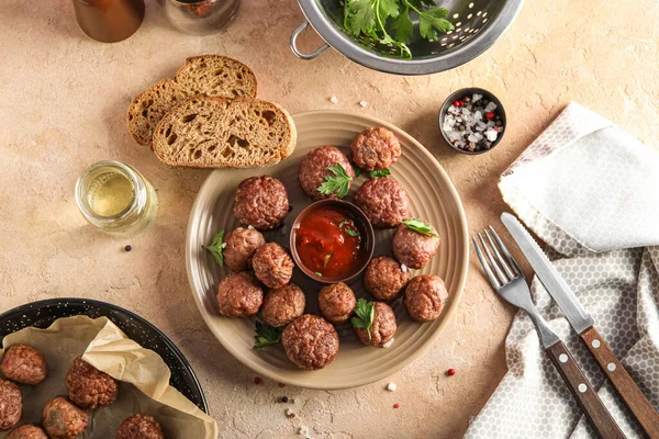 Plate Tasty Meat Balls Spices Parsley Sauce Bread Slices Beige — Stock fotografie