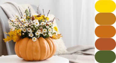 Beautiful autumn bouquet in pumpkin on table in room. Different color patterns