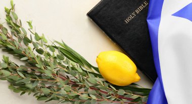 Işık arka planında Sukkot festival simgeleri, İncil ve İsrail bayrağı
