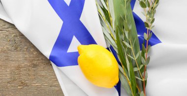 Tahta arka planda Sukkot festival sembolleri ve İsrail bayrağı