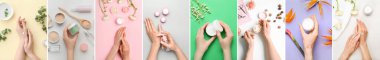 Collage with female hands and cream on color background, top view