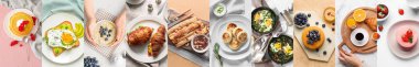Collage of delicious breakfasts, top view