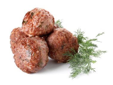 Tasty meat balls with dill on white background