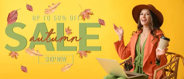 Beautiful young woman with laptop and coffee on yellow background. Banner for autumn sale