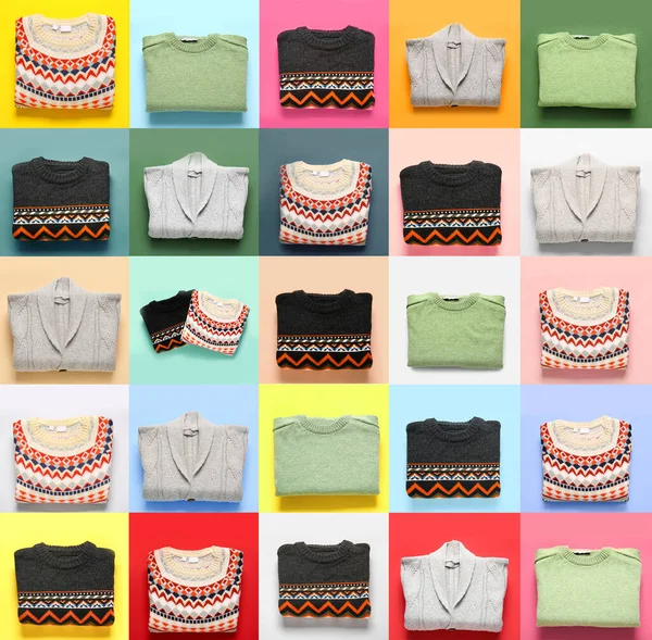 Set of warm knitted sweaters on colorful background, top view