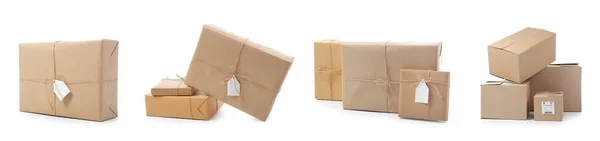 Set Parcel Boxes Isolated White — Fotografia de Stock