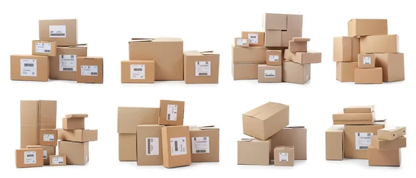 Set Many Parcel Boxes Isolated White — Fotografia de Stock