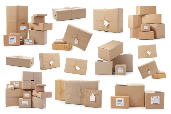 Set Parcel Boxes Isolated White — Stock Photo, Image