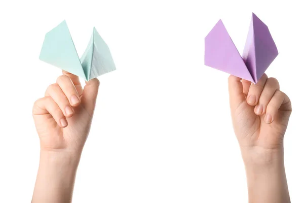 Woman Colorful Paper Planes White Background — Stock Photo, Image