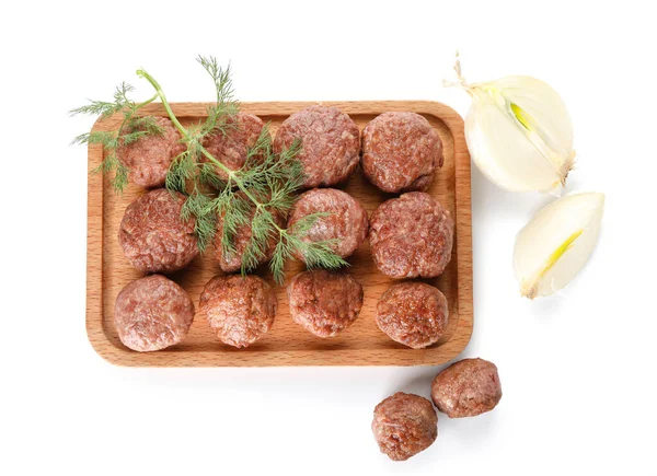 Wooden Board Tasty Meat Balls Dill Onion White Background — Stock Photo, Image