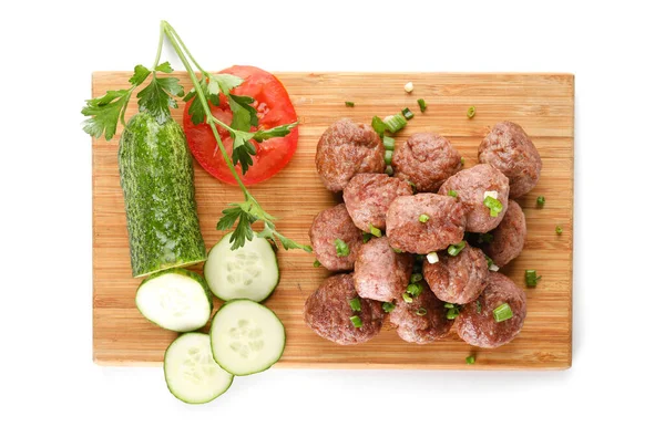 Wooden Board Tasty Meat Balls Vegetables White Background — Stock Photo, Image