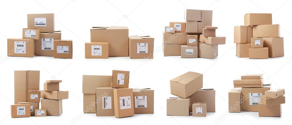 Set of many parcel boxes isolated on white