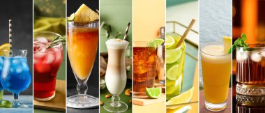 Collection of tasty beverages on table