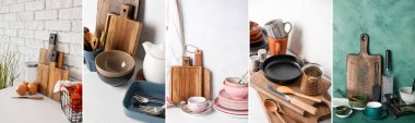 Set of utensils and tableware on table in kitchen