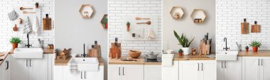 Collage of light interiors of modern kitchen with utensils