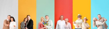 Set of happy mature and elderly couples on colorful background