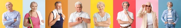 Collage of elderly people on color background