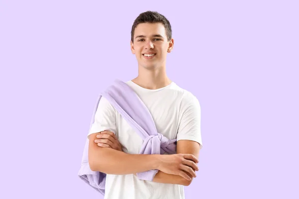 Teenage Boy White Shirt Lilac Background — Stock Photo, Image