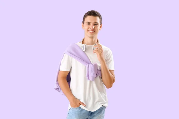 Teenage Boy Headphones Lilac Background — Stock Photo, Image