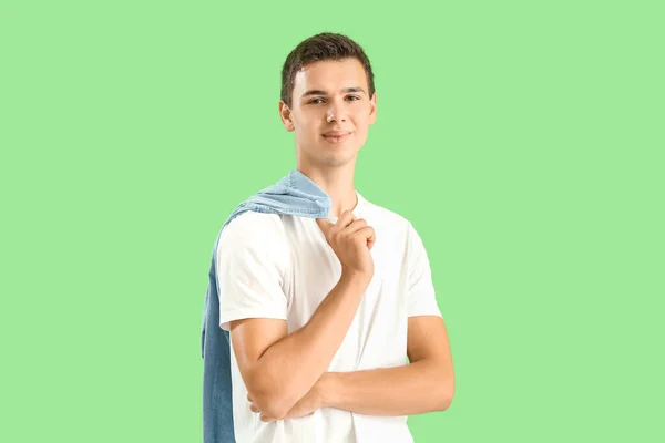 Stylish Teenage Boy Green Background — Stock Photo, Image