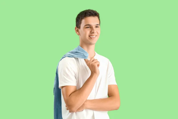 Stylish Teenage Boy Green Background — Stock Photo, Image