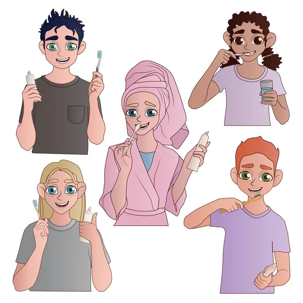 Set People Brushing Teeth White Background — ストックベクタ