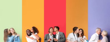 Set of kissing people on colorful background