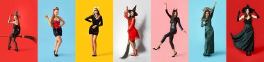 Set of women dressed for Halloween on colorful background