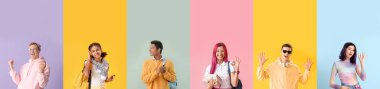 Set of many teenagers on colorful background