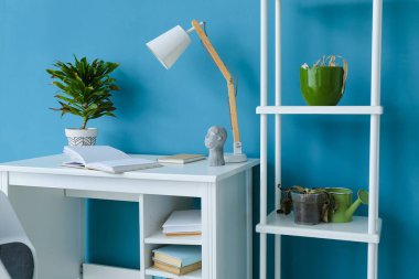 Workplace with wilted houseplants and shelving unit near blue wall