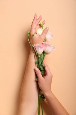 Woman with beautiful roses on beige background
