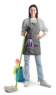 Beautiful woman and bucket with cleaning supplies on white background