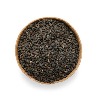 Bowl of black sesame seeds on white background