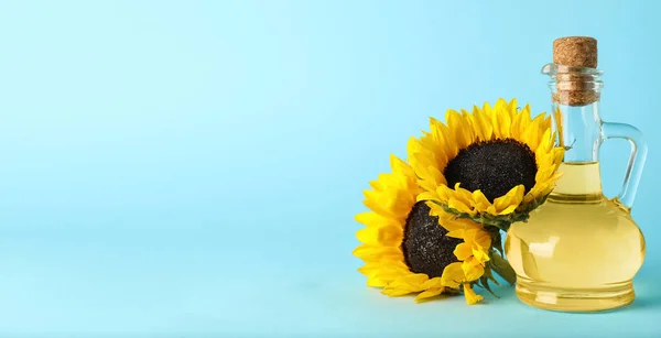 Jug Oil Sunflowers Blue Background Space Text — Fotografia de Stock