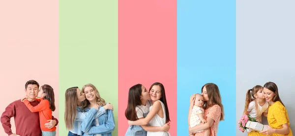 Set Children Teenagers Kissing Parents Sisters Colorful Background — 图库照片