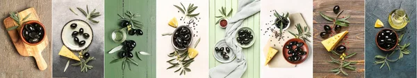 Collage Many Black Olives Top View — ストック写真