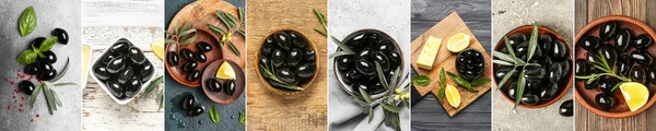 Collage Tasty Black Olives Top View — Stock Photo, Image