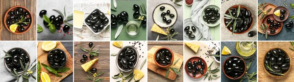 Collage Many Tasty Black Olives Top View — Foto de Stock
