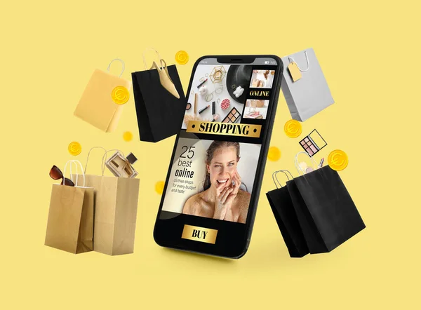 Big smartphone, bags and money on yellow background. Online shopping concept