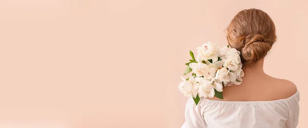 Young Woman Bouquet White Peony Flowers Beige Background Space Text — Photo